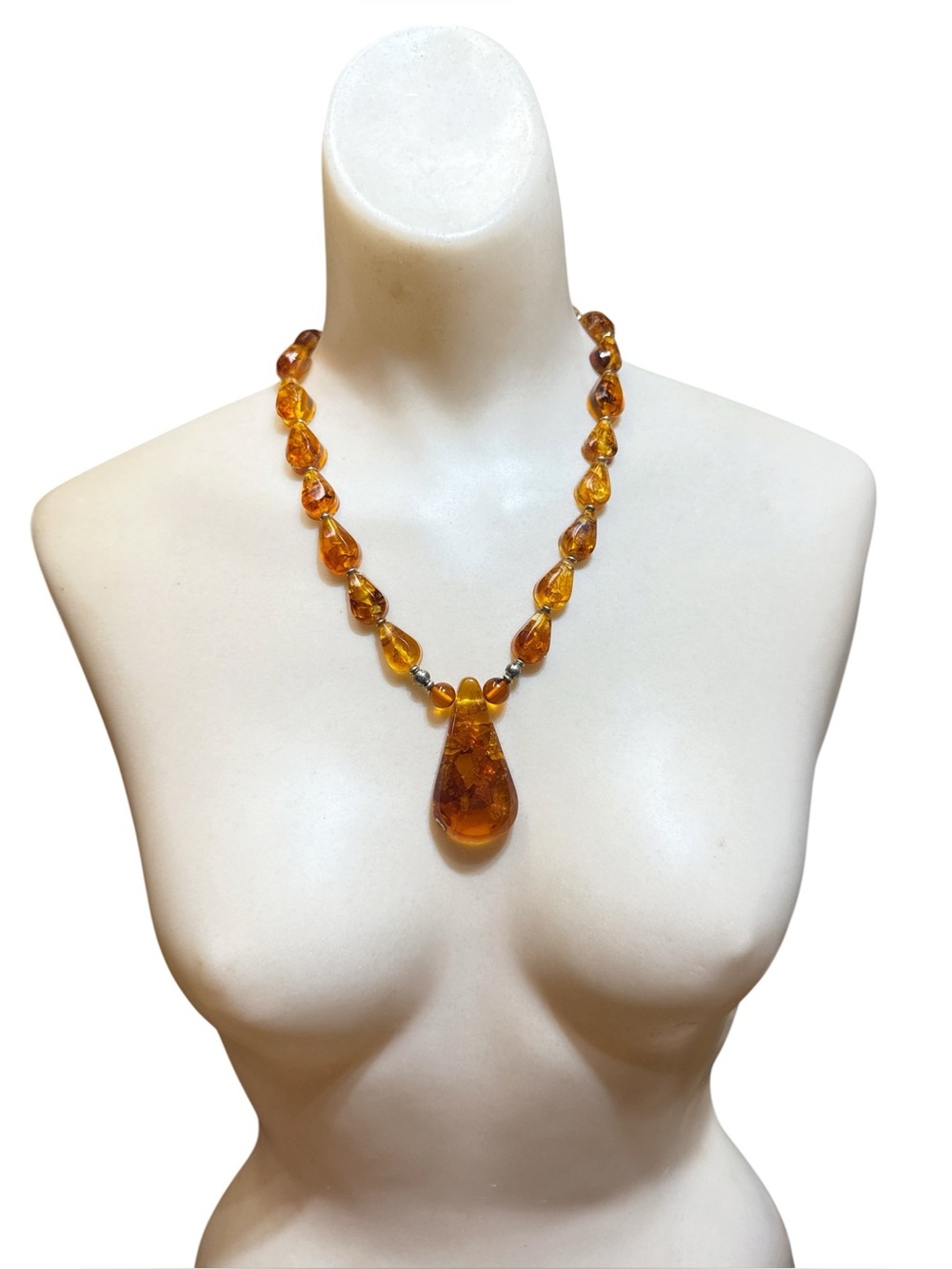 Vintage Sterling Silver Large Baltic Amber Teardrop Pendant Necklace 21.5”
